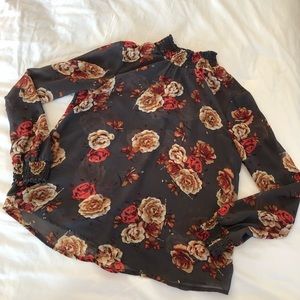 Gray Floral Turtle Neck Blouse